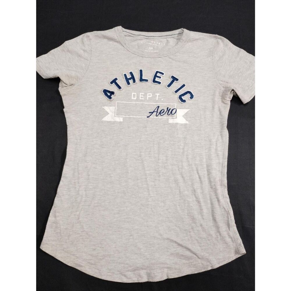 Vintage Aeropostale Women's Grey with Navy Blue Lettering Athletic Dept Tee